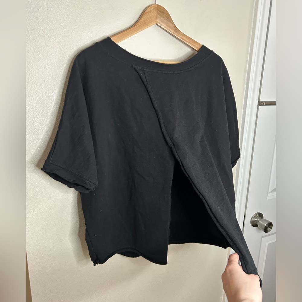 PLANET By Lauren G Black Short Sleeve Scoop Neck Sweatshirt Split Back Sz 1 4-8
